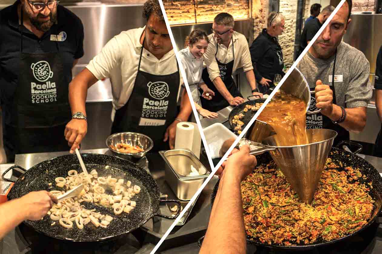 Photo where a paella cooking team building workshop with a MasterChef challenge is shown