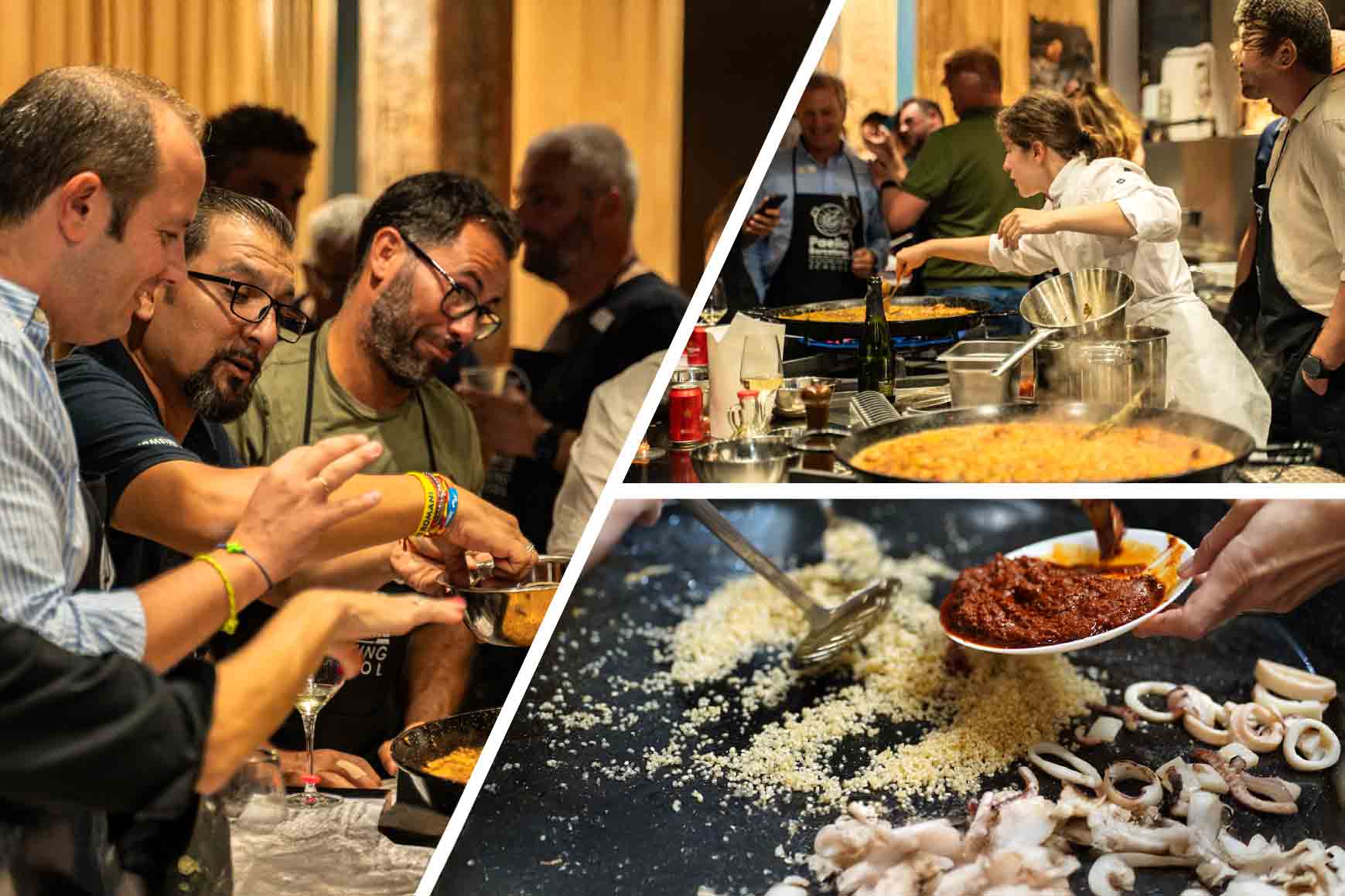 Collage of the paella team building workshop in Barcelona: teams cook their recipe with guidance from the chef, learn key techniques (sofrito, heat control and salt level) and work in coordination during a practical and interactive experience for companies.