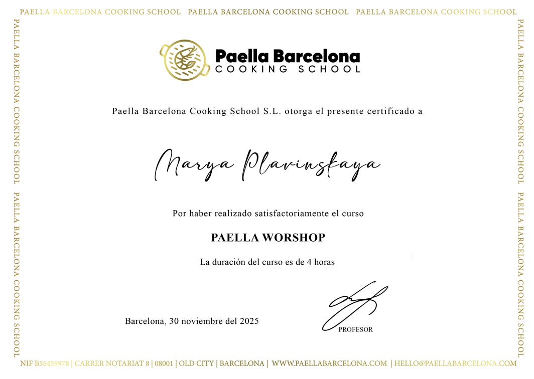 Certificado oficial entregado al finalizar el taller de team building de paella en Barcelona. Acredita la participación del equipo en una experiencia culinaria corporativa guiada por chef, con cocina en grupo, colaboración y celebración final.