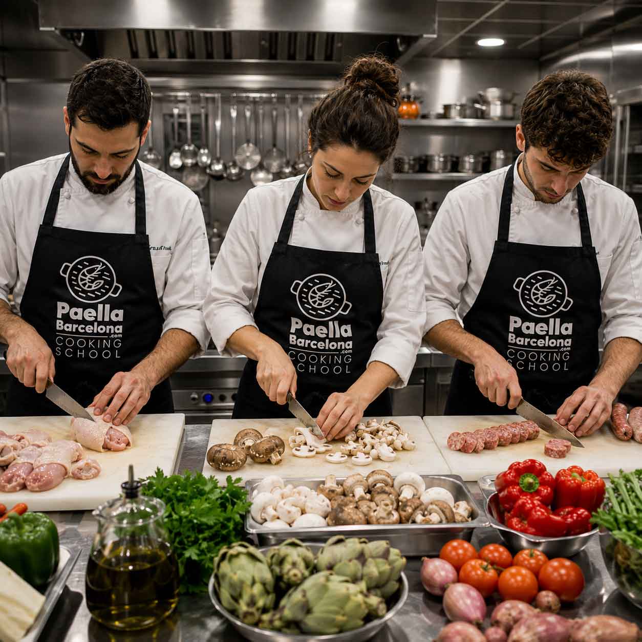 Foto de un taller de paella para empresas en Barcelona donde el equipo cocina junto y colabora en pasos interconectados. Actividad de team building culinario con responsabilidades definidas, participación de todos y enfoque en cohesión, comunicación y éxito colectivo.