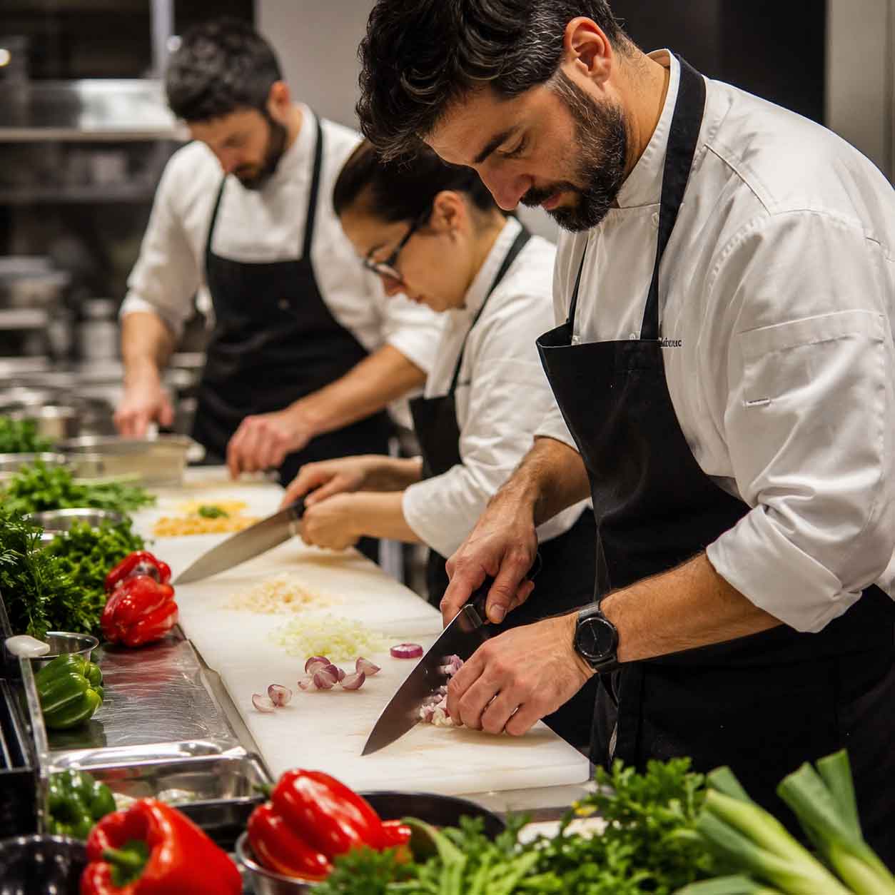 Foto de un taller de paella para empresas en Barcelona donde el equipo cocina junto y colabora en pasos interconectados. Actividad de team building culinario con responsabilidades definidas, participación de todos y enfoque en cohesión, comunicación y éxito colectivo.
