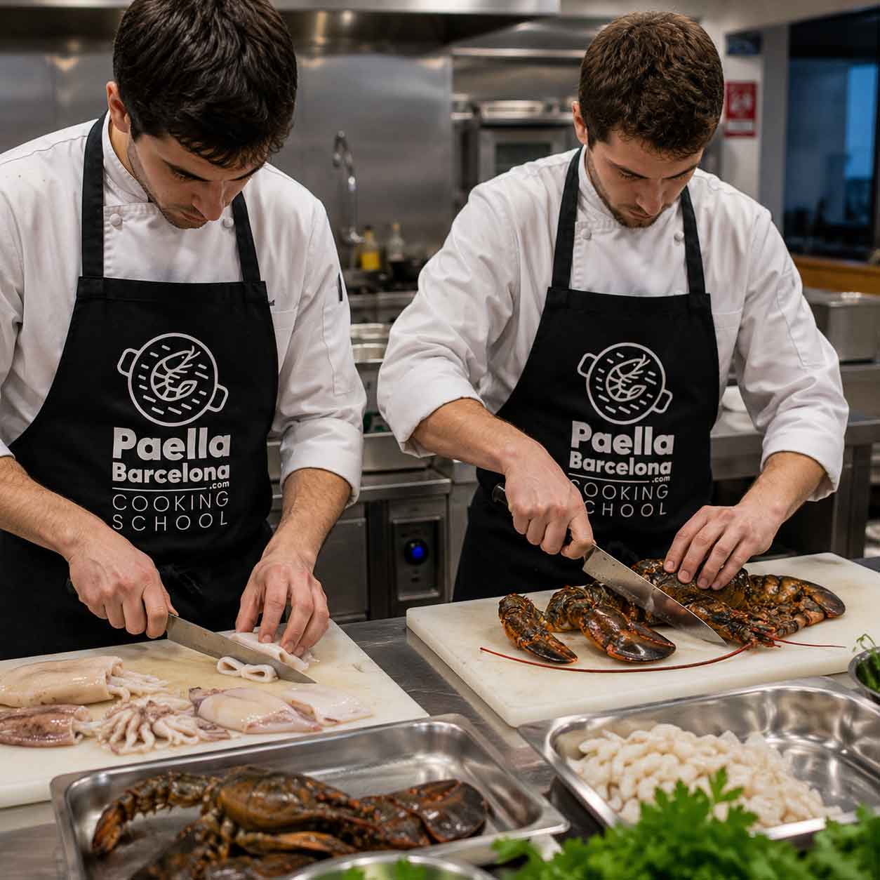 Foto de un taller de paella para empresas en Barcelona donde el equipo cocina junto y colabora en pasos interconectados. Actividad de team building culinario con responsabilidades definidas, participación de todos y enfoque en cohesión, comunicación y éxito colectivo.