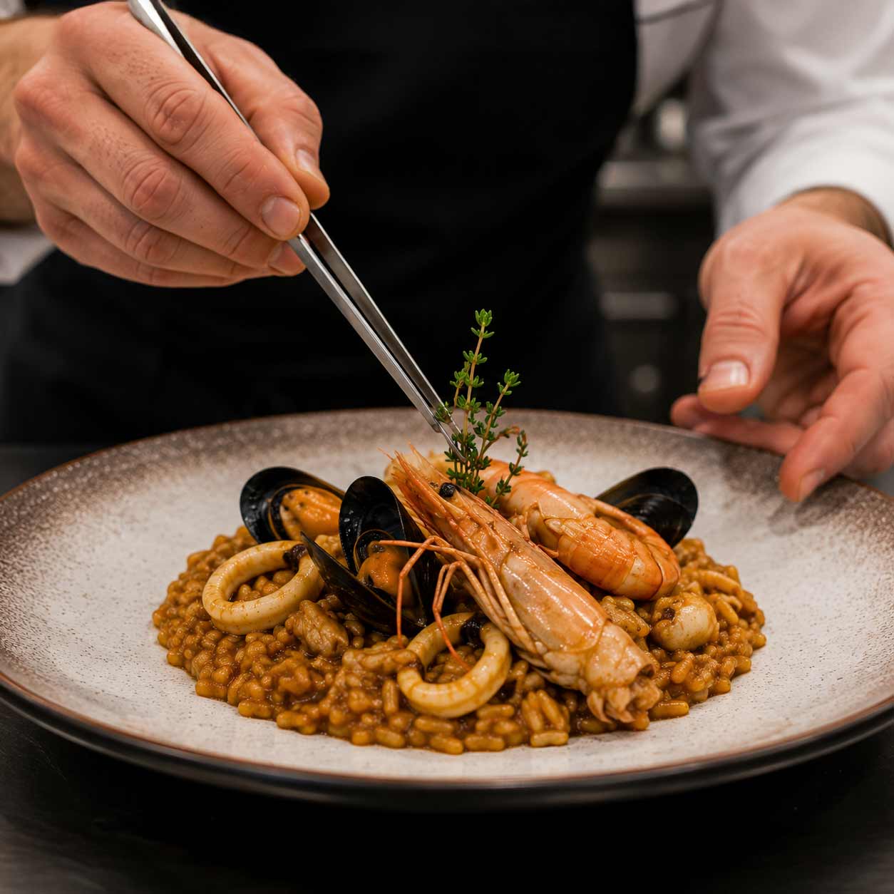 Foto de un taller de paella para empresas en Barcelona donde el equipo cocina junto y colabora en pasos interconectados. Actividad de team building culinario con responsabilidades definidas, participación de todos y enfoque en cohesión, comunicación y éxito colectivo.