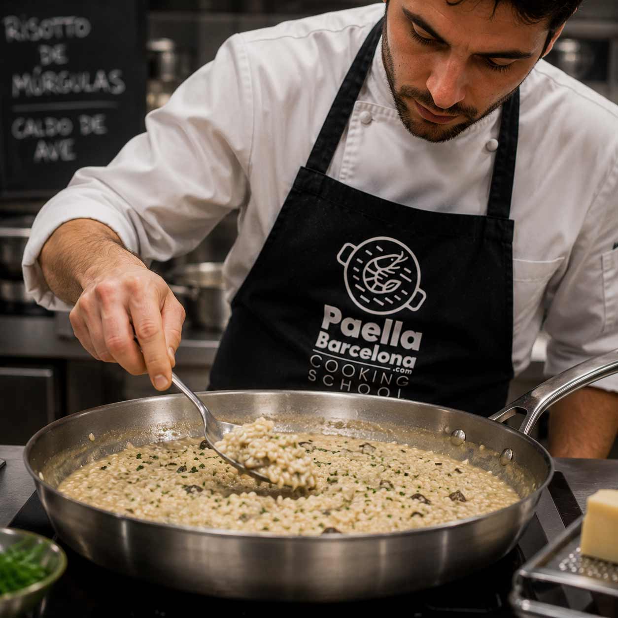 Foto de un taller de paella para empresas en Barcelona donde el equipo cocina junto y colabora en pasos interconectados. Actividad de team building culinario con responsabilidades definidas, participación de todos y enfoque en cohesión, comunicación y éxito colectivo.