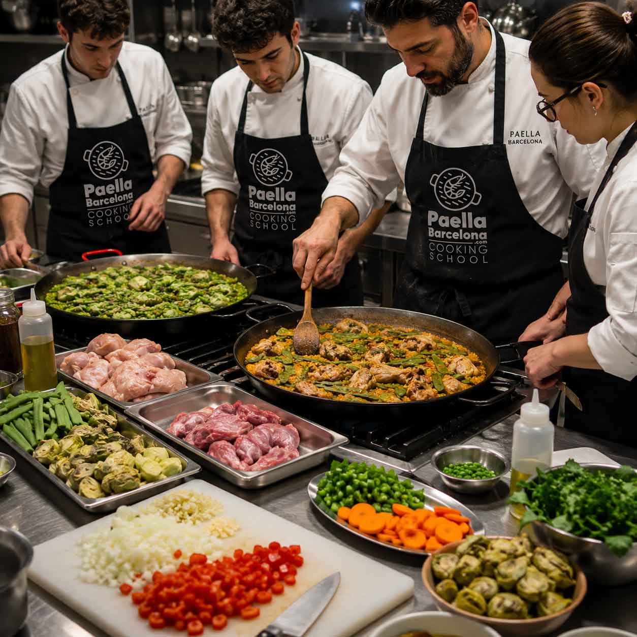 Foto de un taller de paella para empresas en Barcelona donde el equipo cocina junto y colabora en pasos interconectados. Actividad de team building culinario con responsabilidades definidas, participación de todos y enfoque en cohesión, comunicación y éxito colectivo.
