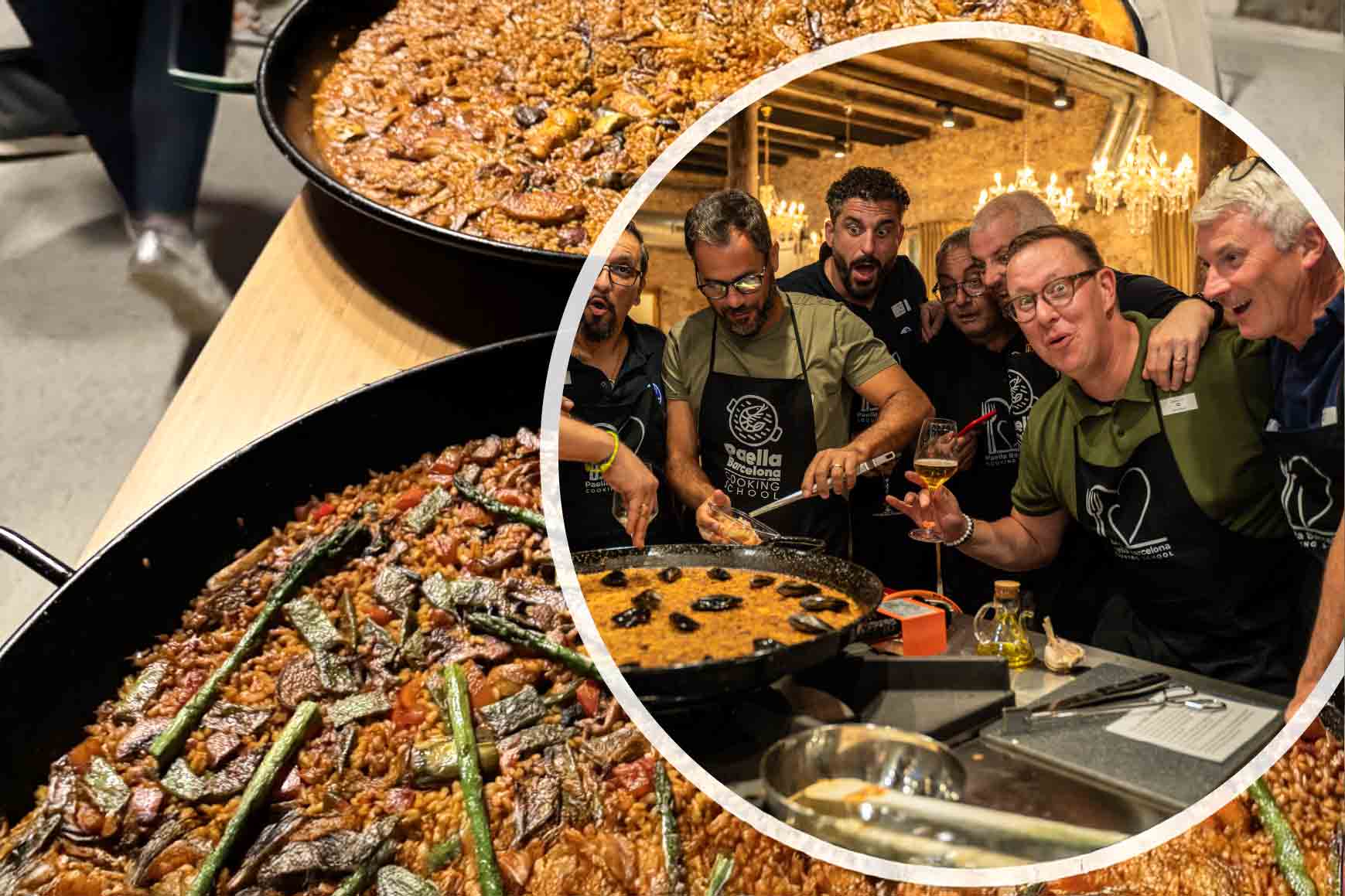 Imagen de cierre del taller de cocina para empresas en Barcelona: el equipo celebra mientras compara sus paellas y disfruta del resultado. Una experiencia de team building culinario que mejora el clima laboral, refuerza la colaboración y crea un recuerdo inolvidable.